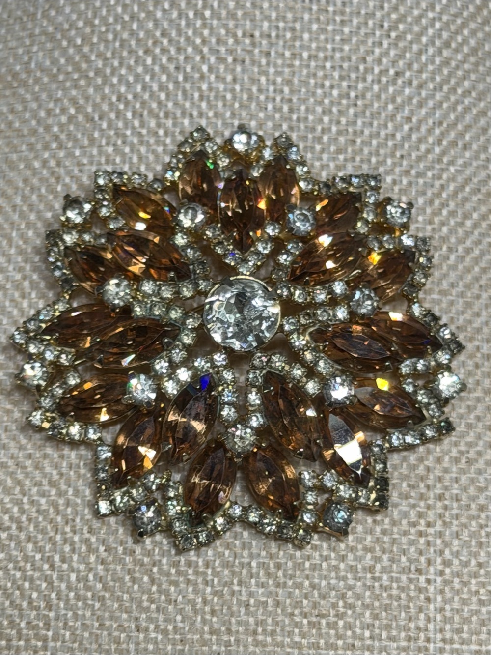 Weiss vintage Amber Tone and Clear Crystal Brooch EUC
